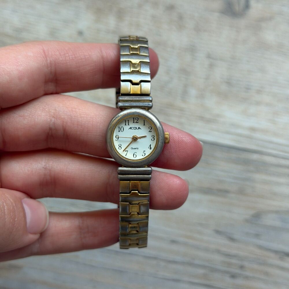 Vintage Acqua Quartz Two Tone Bracelet Watch Small Face Dainty Antique